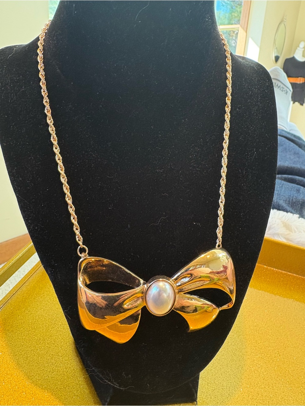 Vintage Large  Gold Bow Pendant Necklace with Pearl Accent